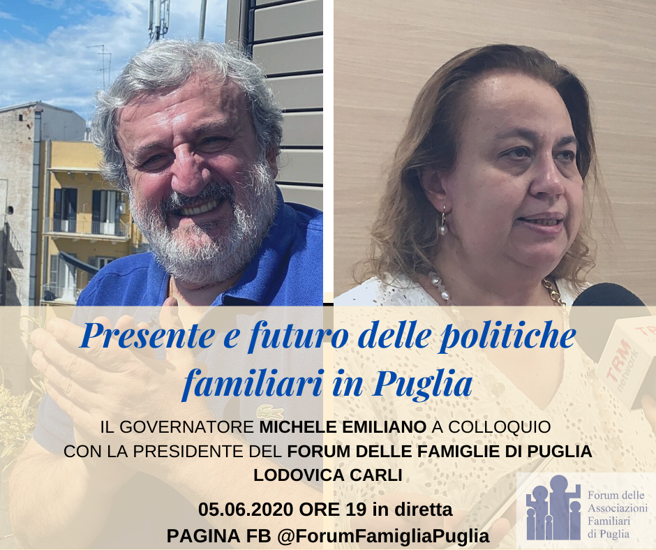 “Presente e futuro delle politiche familiari in Puglia”, il governatore Emiliano in diretta Fb col Forum